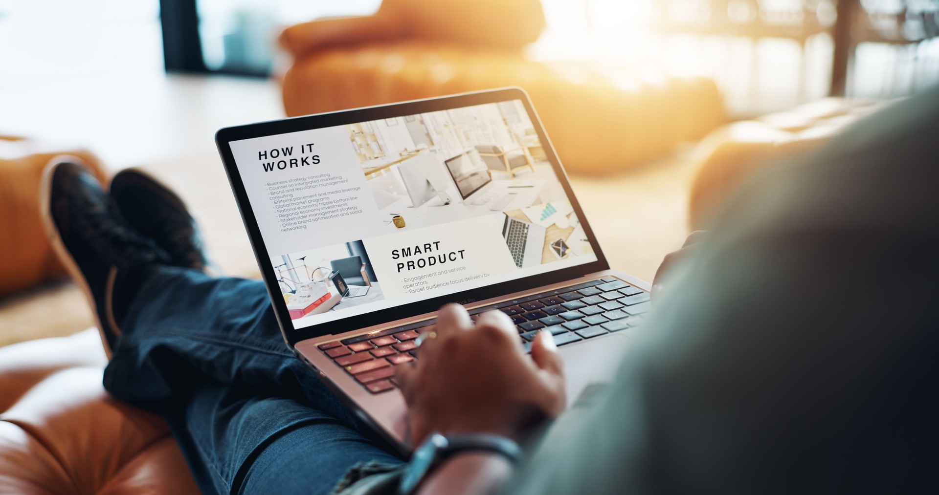 Hands, laptop screen and person on sofa with reading website for marketing, brand and business branding. Entrepreneur, computer and ux for contact, research or plan with global expansion for company